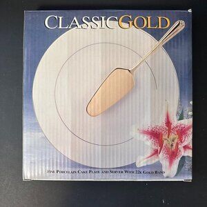 FINE PORCELAIN CAKE PLATE AND SERVER WITH 22 K GOLD BAND- CLASIC GOLD